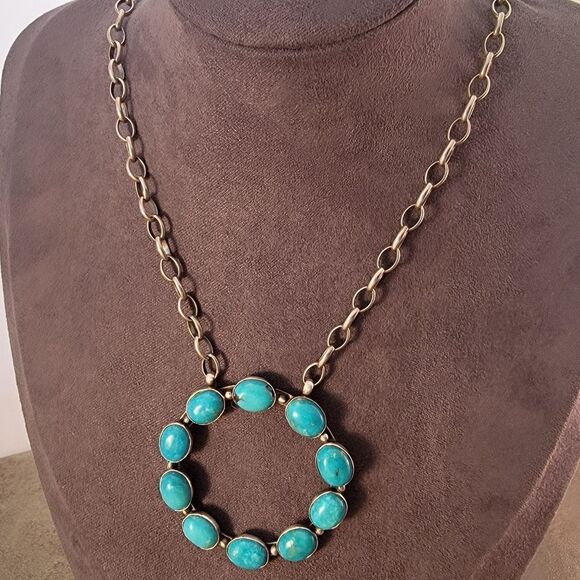 Sterling Dorothy Secatero Navajo Kingman Blue Turquoise Circle Necklace - Picture 5 of 13